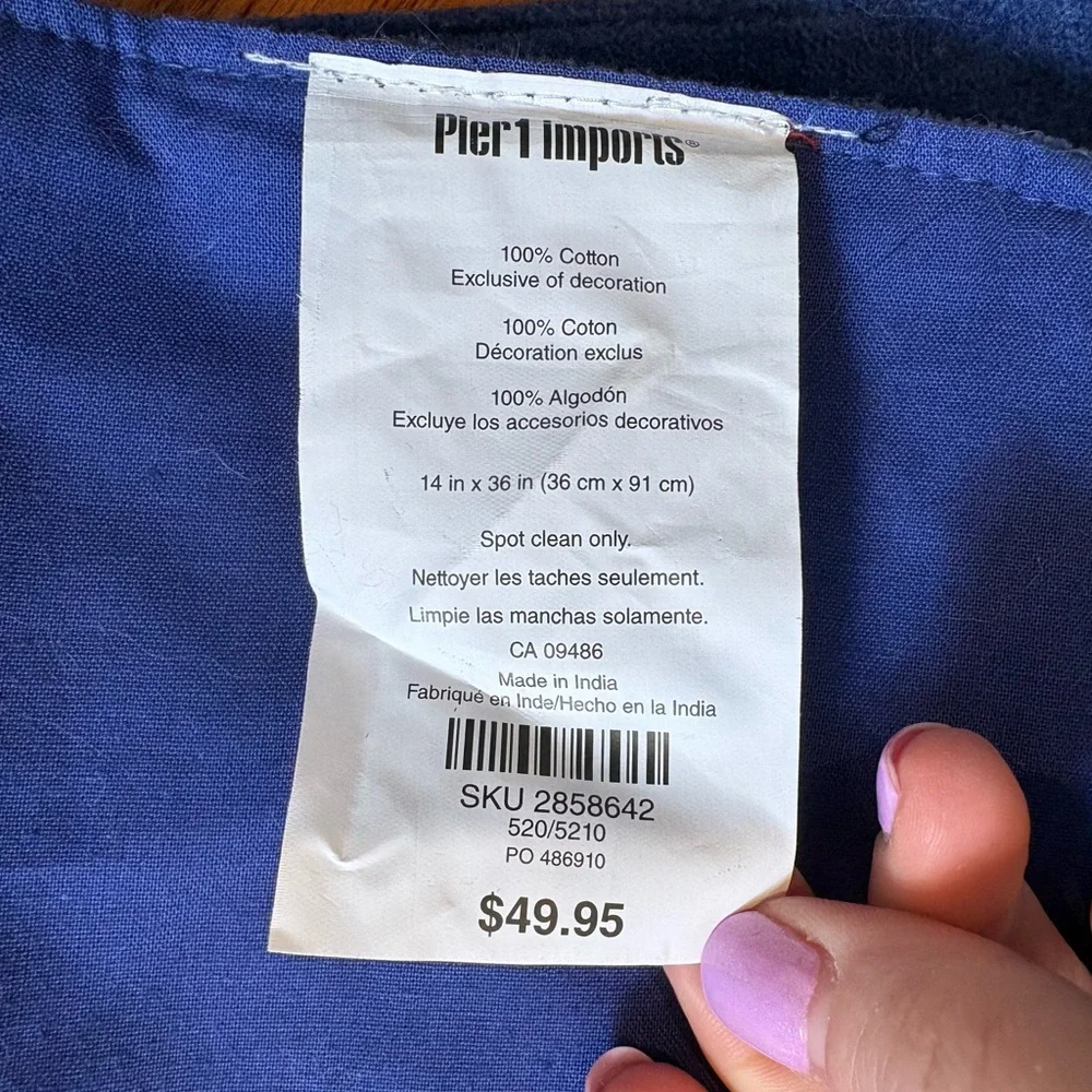 Pier 1 Imports Navy Blue Velvet Table Runner Silver Scroll Embroidery 14x36